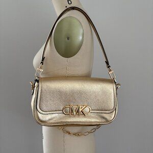 Michael Kors Parker Medium Gold Metallic Leather Shoulder Bag Chain Strap